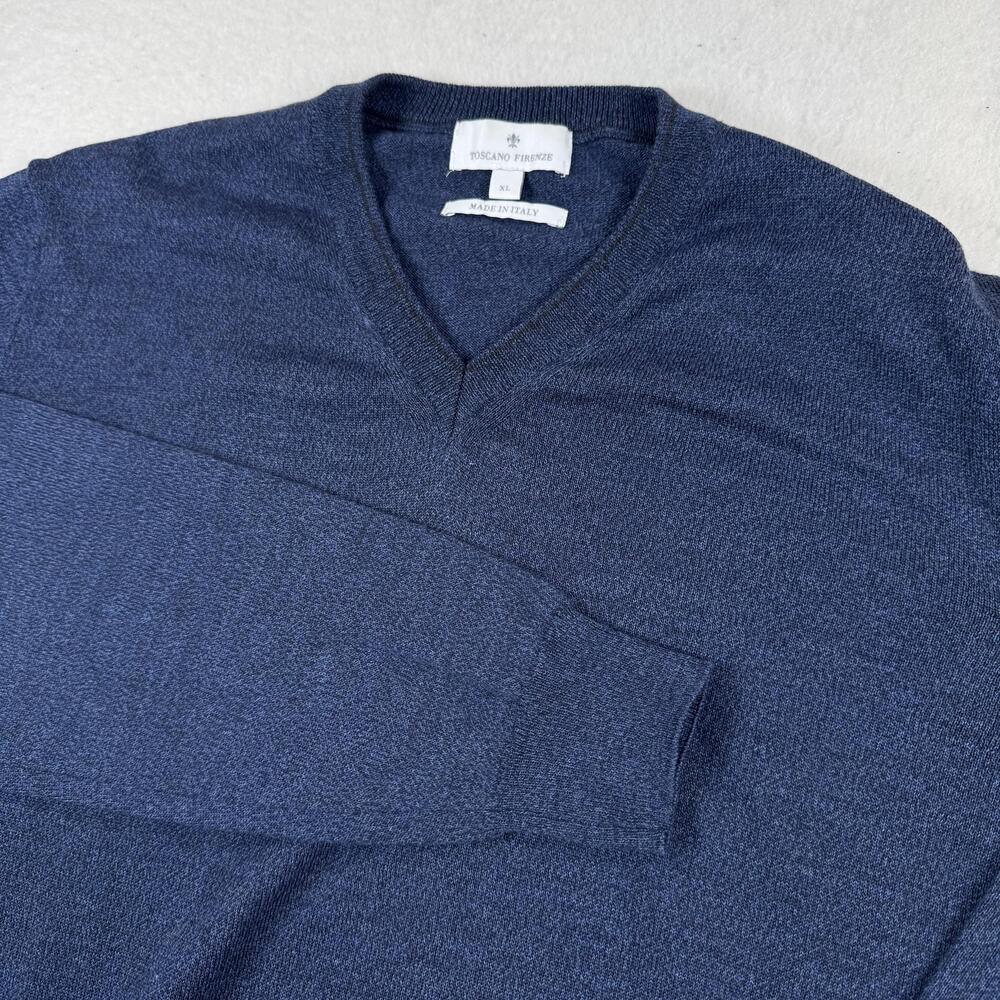 Toscano Firenze Sweater Mens Size XL Blue V-Neck Merino Wool Knit Made In Italy